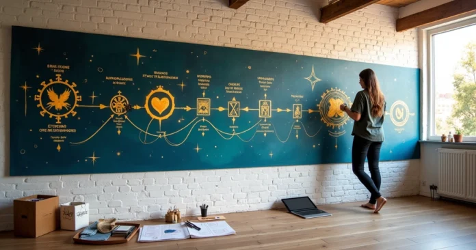 Cartomancy business owner painting a growth and client journey mural with tarot runes and lenormand symbols