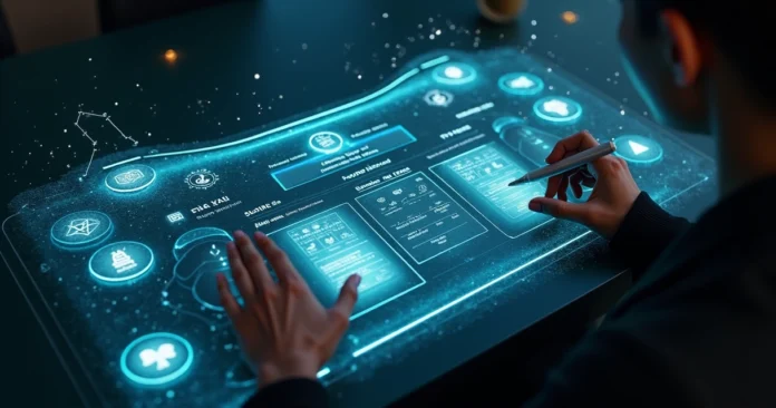 Cartomancy reader managing client profiles on futuristic galaxy dashboard
