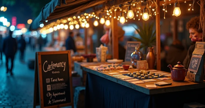 Cartomancy reader booth at night street market with tarot runes and lenormand cards