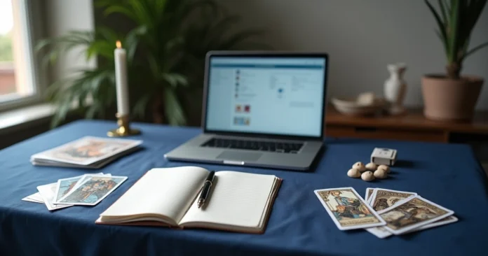 Divination desk with tarot, runes, and lenormand cards laid out in a modern studio