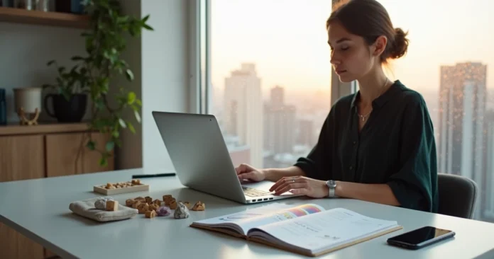 Psychic reader planning business finances on laptop with mystical decor