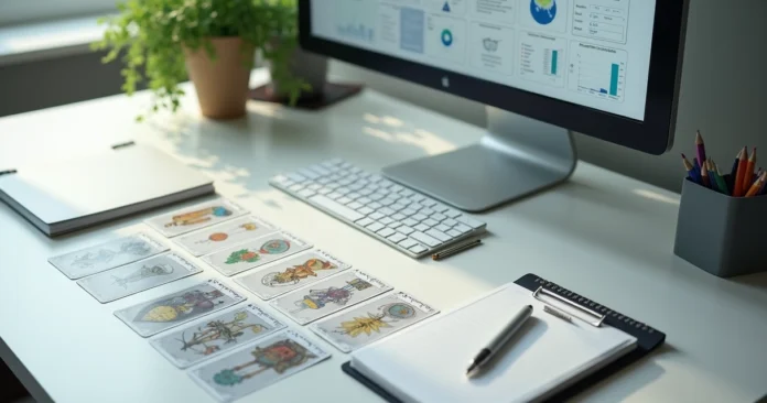 Tarot reader workspace with cards, tablet, and hospital dashboard on screen