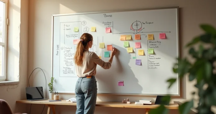 Spiritual entrepreneur arranging a business roadmap board with mystical symbols and charts