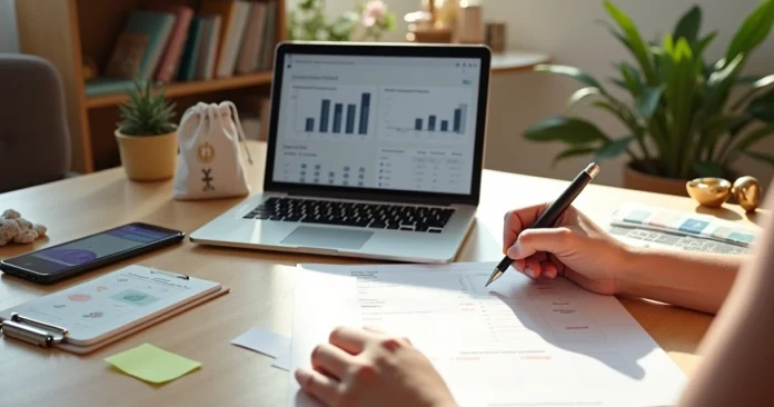 Spiritual reader planning business goals with income charts and divination tools