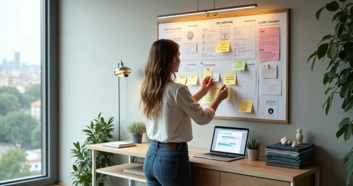 Tarot business owner organizing schedules and branding materials on a studio wall