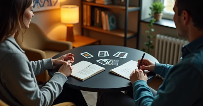 Tarot reader and querent shaping clear questions with cards and notes on a small round table