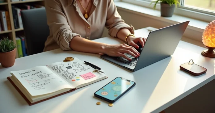 Tarot reader working at a home office desk with laptop and marketing notes