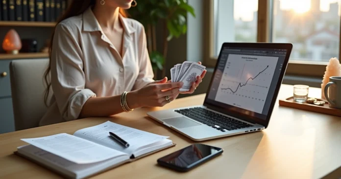 Tarot reader in modern home office planning income and bookings