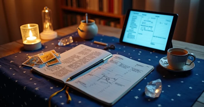 Tarot reader desk with cards digital tablet and journal