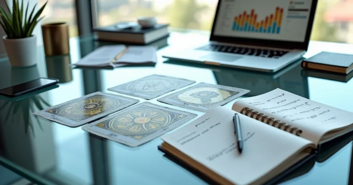 Overhead view of career tarot spread next to business charts and notebook