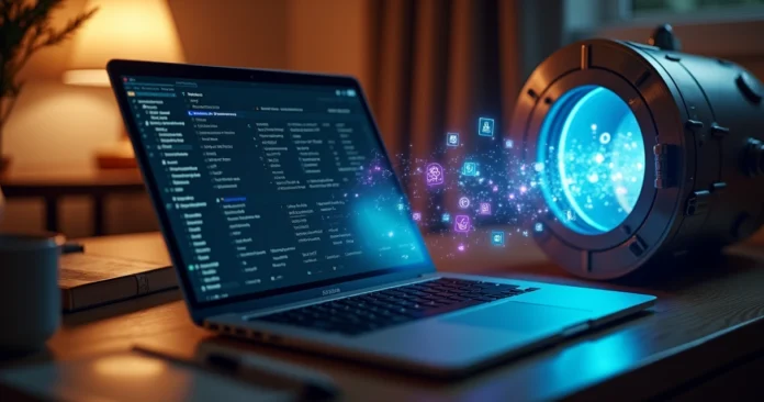 Laptop with mystical symbols transferring data into a secure digital vault
