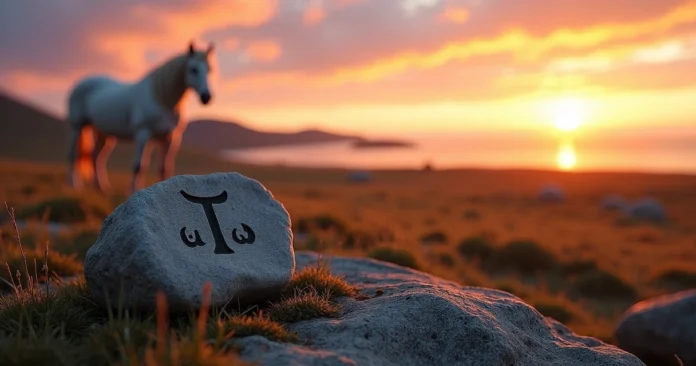 Ehwaz rune carved on stone beside horse at sunset