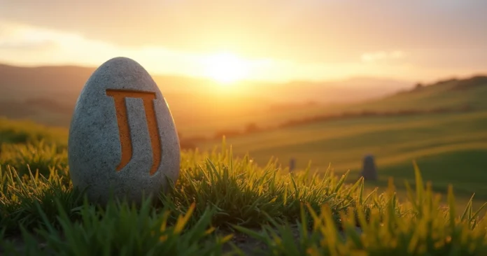 Ingwaz rune carved on stone resting in grassy field at sunrise