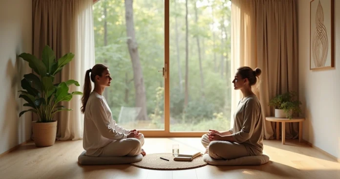 Coach guiding client through intuitive visualization in calm studio