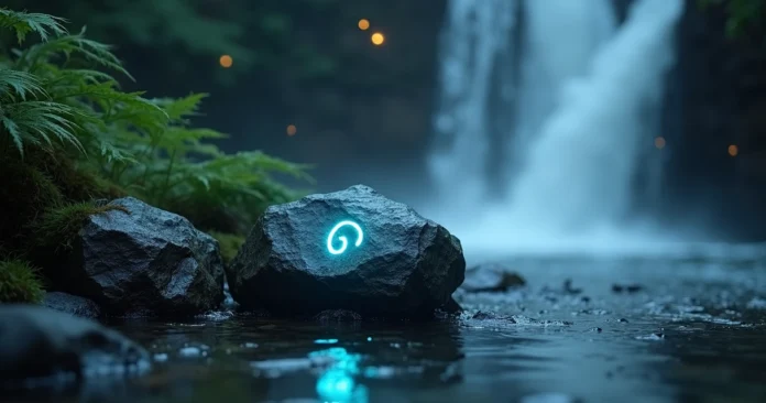 Laguz rune carved stone beside waterfall pool at night