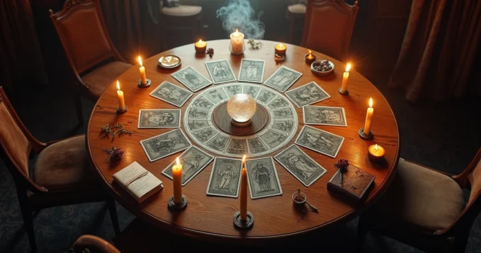 Overhead view of Major Arcana tarot cards arranged in a glowing circle on a table