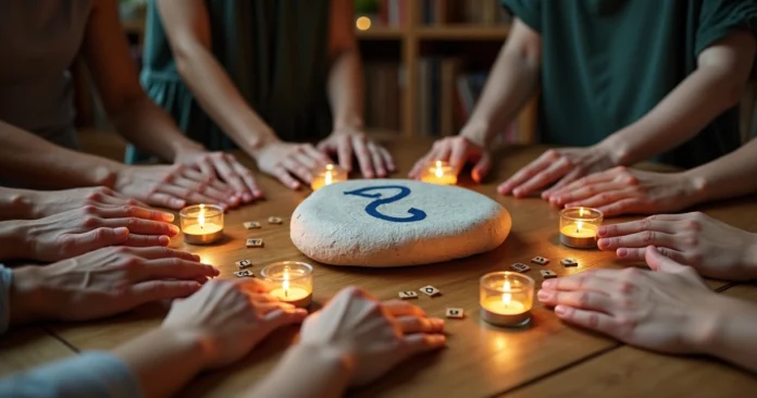 Mannaz rune carved on stone at center of candlelit community circle