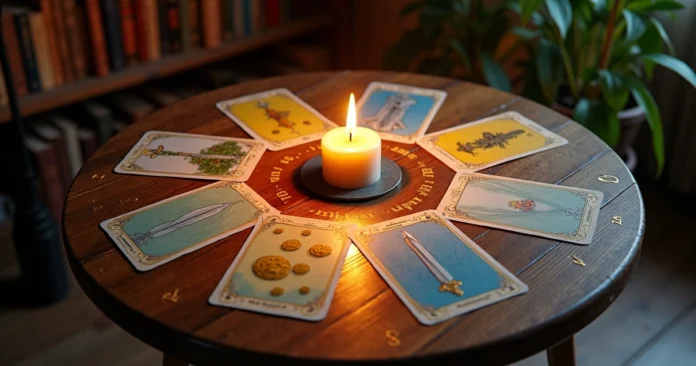Tarot minor arcana suits arranged in a circle around a burning candle