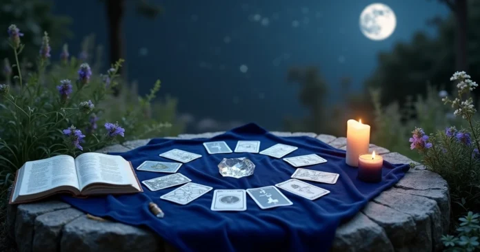 New moon tarot spread arranged on a garden altar at night