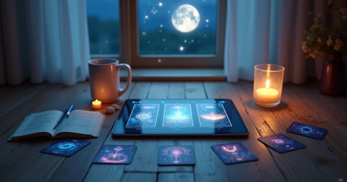 Digital tablet displaying oracle card spread on moonlit floor altar
