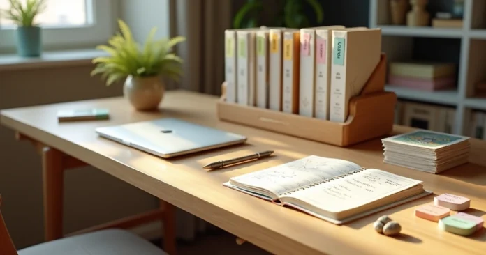 Tarot reader organizing labeled client notebooks on a tidy desk
