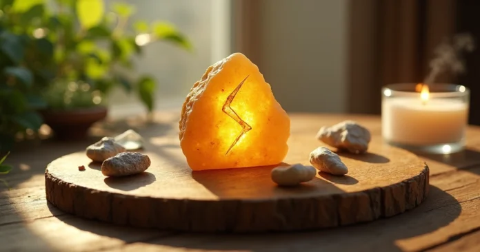 Sowilo rune carved in sunstone on a bright rune altar.