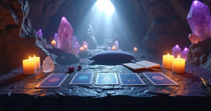 Sacred altar with spiritual tarot spread glowing in a crystal cave