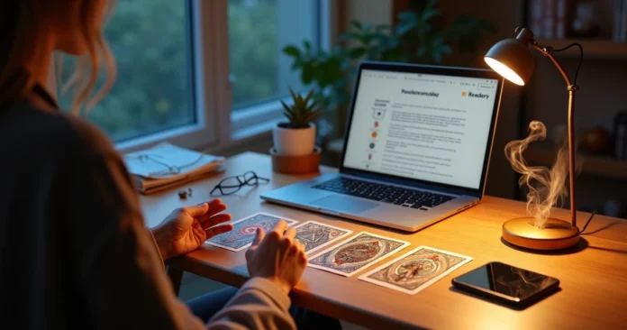 Tarot reader at desk comparing printed cards with a digital report on a laptop screen