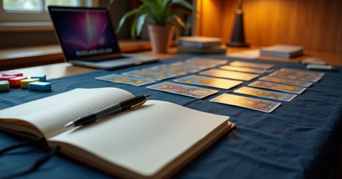 Tarot reader taking structured notes beside complex tarot spread on wooden desk