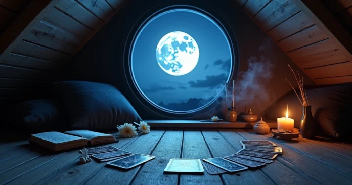 Full moon tarot spread laid out on floor beneath glowing window