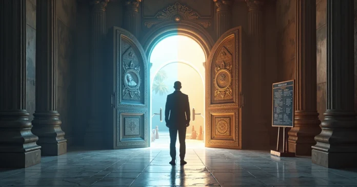 Two symbolic doors representing different online psychic platforms in a mystical hallway