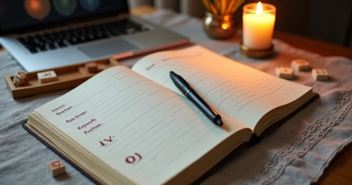 Rune reader writing in a structured rune journal by candlelight