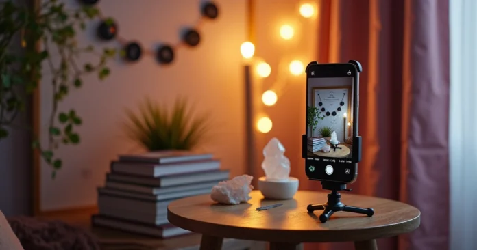 Spiritual reader filming Instagram Reels in a cozy mystical studio with phone on tripod