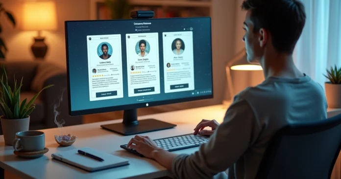 Tarot advisor comparing multiple online profile pages on a large screen