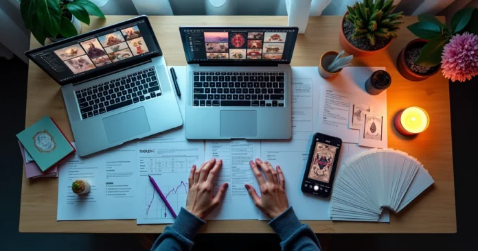 Tarot reader comparing branded social media layouts with handmade sketches on split workspace