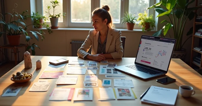Tarot reader comparing branding vision board and online marketing dashboard