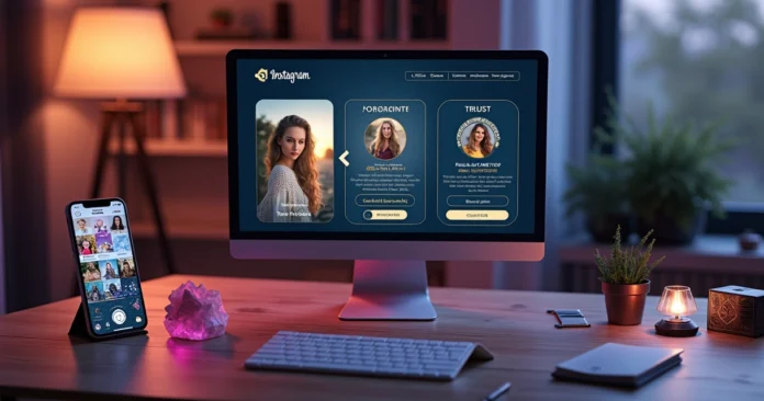 Tarot reader laptop showing Instagram feed facing a desktop screen with professional directory listings