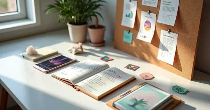 Creative workspace with tarot journal and social media mood board