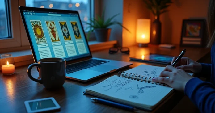 Person studying tarot online at a glowing laptop with cards and notes around