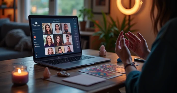 Tarot reader leading virtual workshop with cards and participants on screen