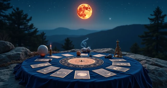 Tarot spread arranged in a circle under eclipse light on a night altar
