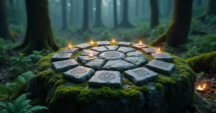 Set of Celtic rune stones arranged in a circle on mossy rock with forest in background