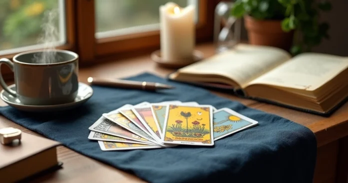 Tarot spread and journal on desk in soft morning light