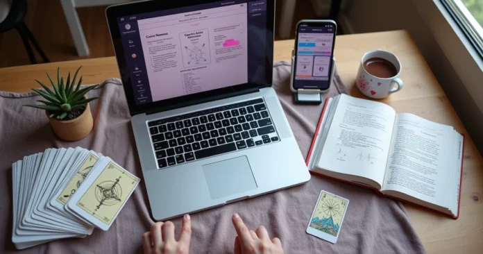 Laptop, tarot cards, and workbook on organized study desk