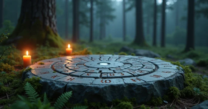 Elder Futhark rune stones arranged in a circle on mossy rock altar