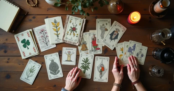 Different Lenormand decks laid out on a wooden table with a hand choosing one card