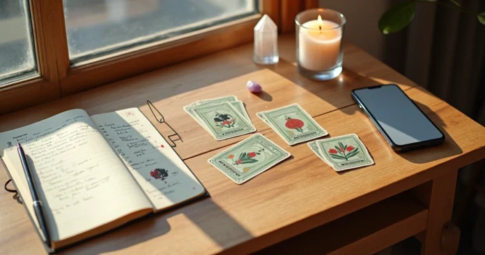 Lenormand oracle cards spread on a wooden desk with notebook and candle