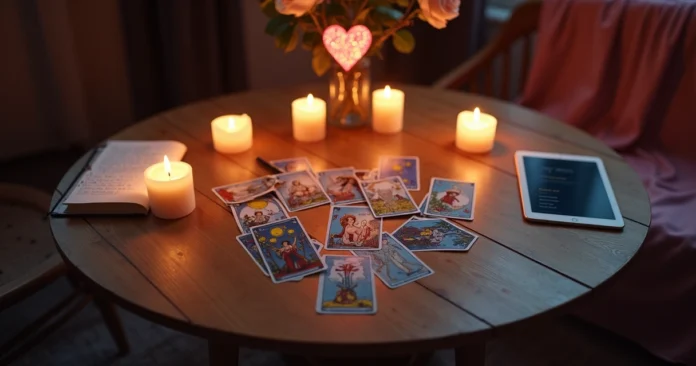 Romantic tarot love reading with overlapping heart-shaped light