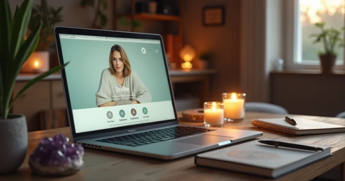 Mystical altar scene with glowing laptop profile page and welcoming spiritual reader photo