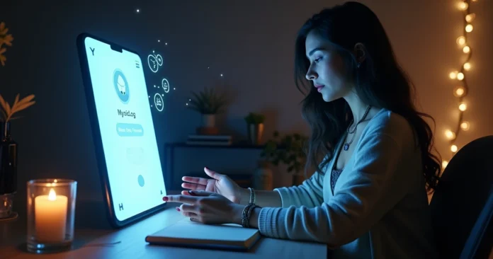Mystic reader with glowing aura symbols posting on social media